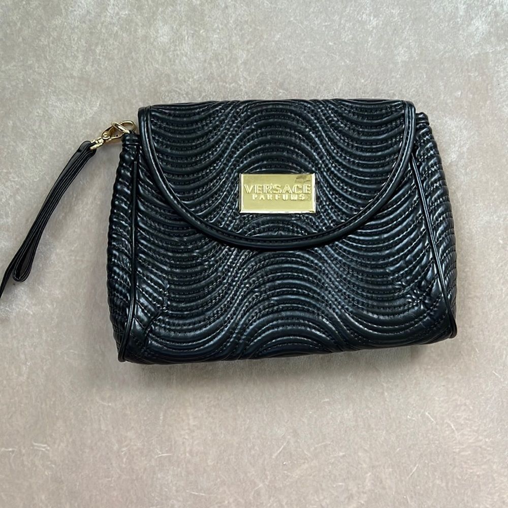 *Versace* Parfums Black Quilted Vegan Leather Clutch EUC